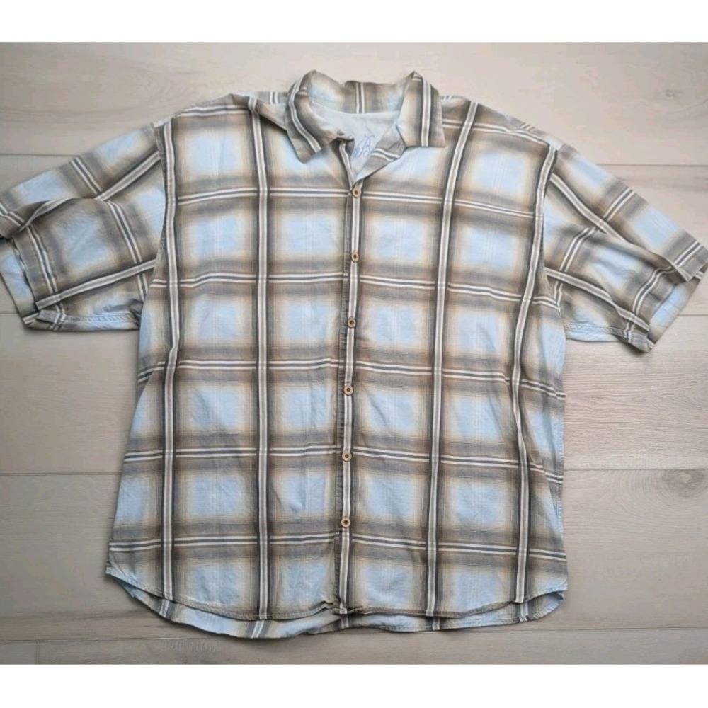 Tommy Bahama Shirt Mens XXL Tencel Lyocell Cotton Short Sleeve Brown Plaid